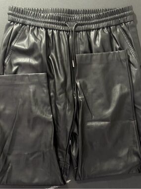 Mango Men's Black Faux Leather Joggers with Drawstring